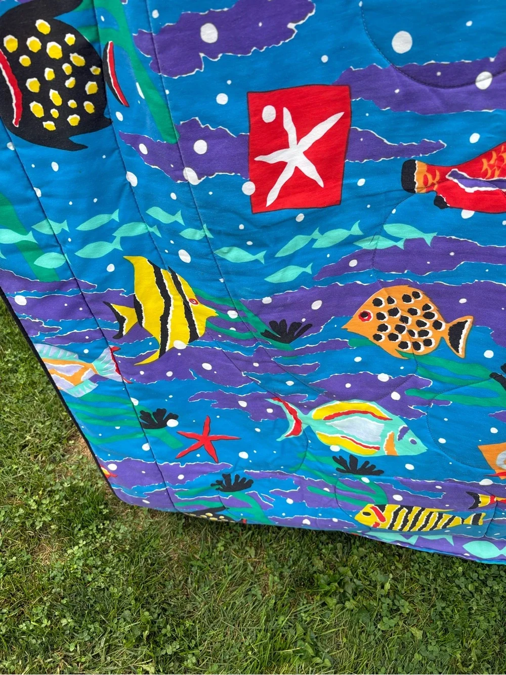 Vintage 1986 Vibrant Blue Tropical Fish Comforter by Cheryl Johnson